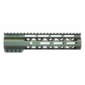 Olive green 9 Guntec USA handguard with monolithic top rail for AR-15 rifles.