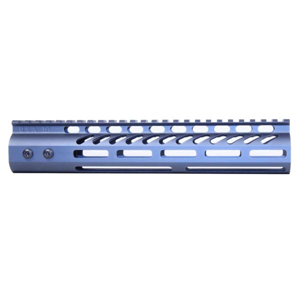 10-inch Guntec USA blue M-LOK handguard with monolithic top rail.