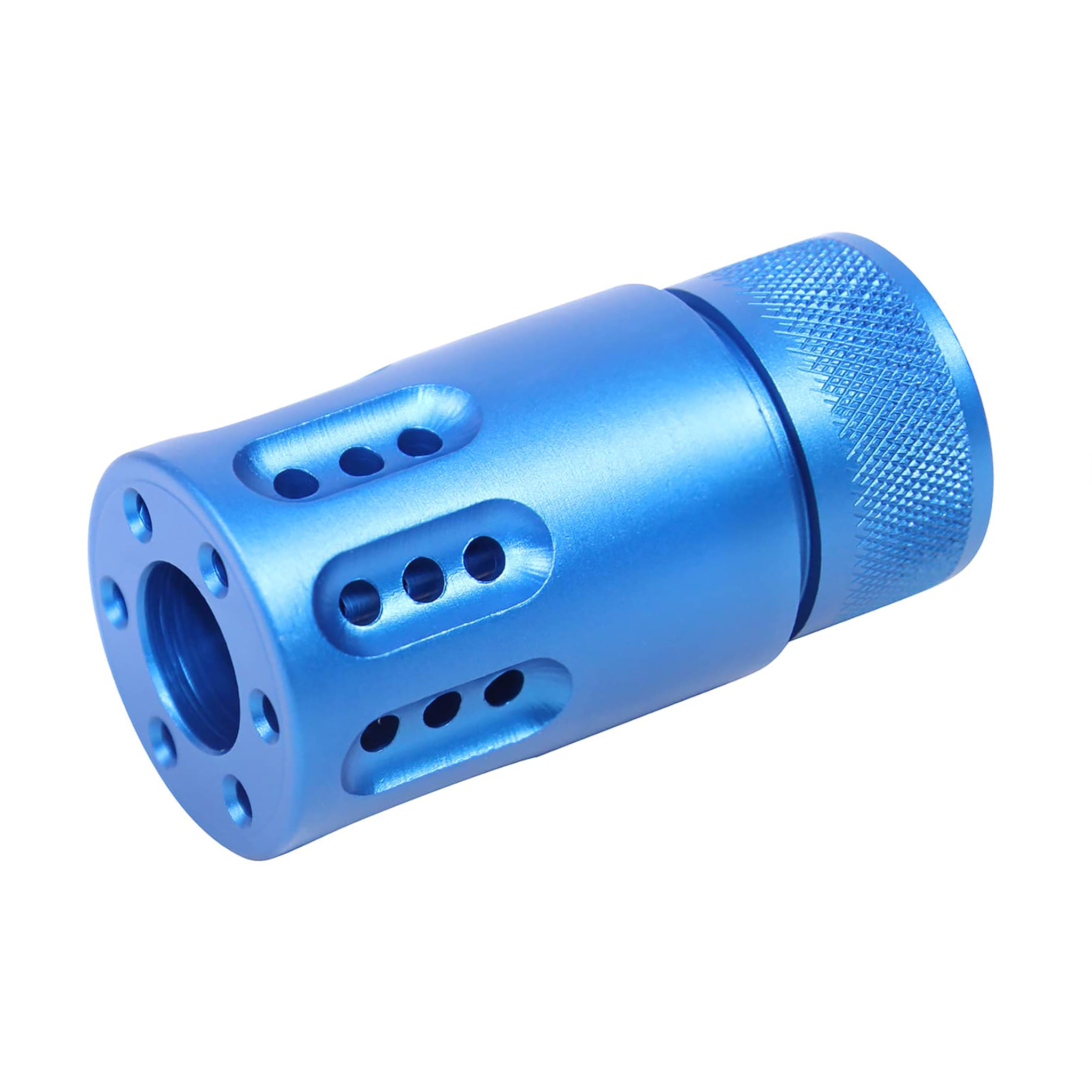 9mm-blue-mini-muzzle-brake-and-shroud AR 9MM Mini Slip Over Barrel Shroud With Multi Port Muzzle Brake (Anodized Blue) - Image 1