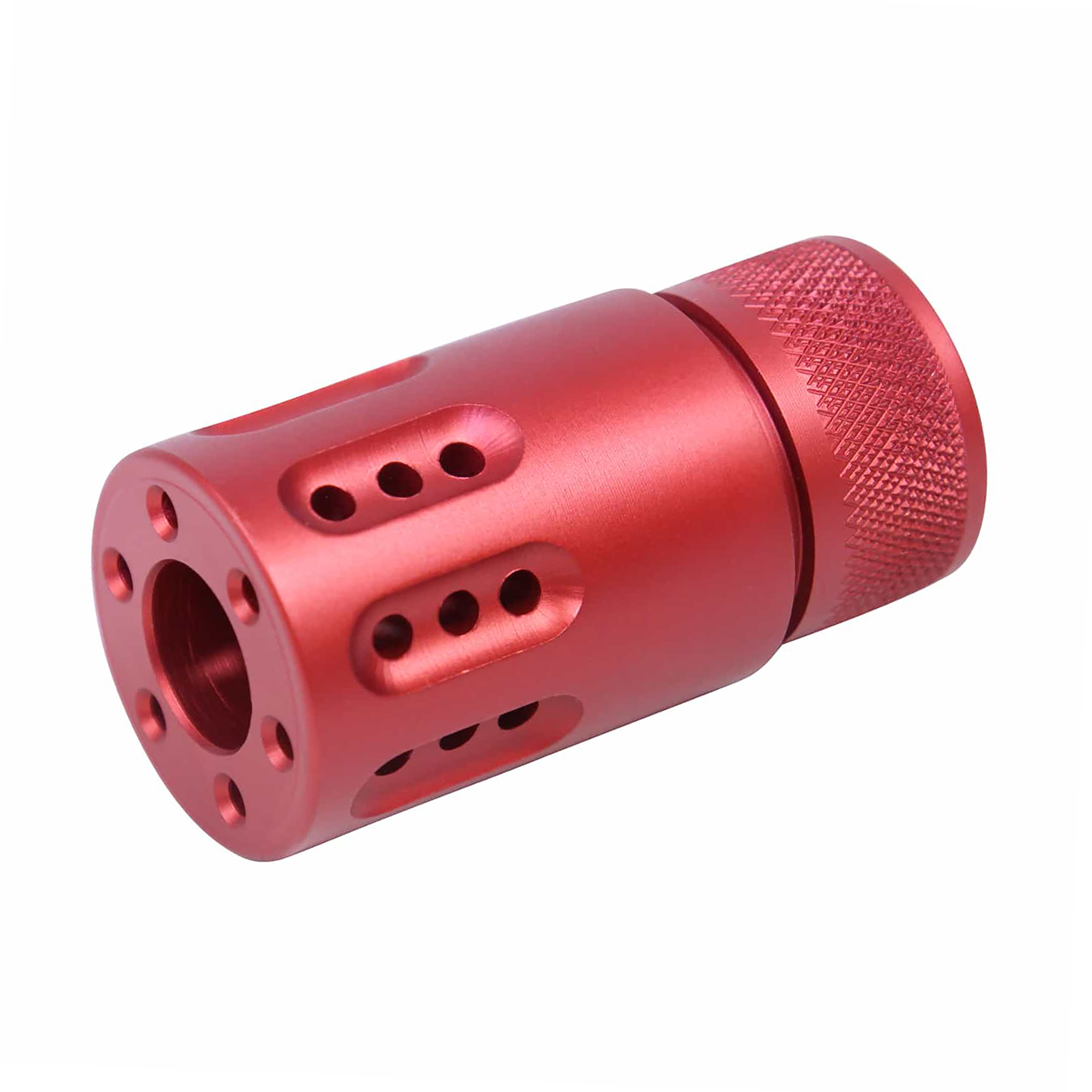 9mm-red-mini-muzzle-brake-and-shroud AR 9MM Mini Slip Over Barrel Shroud With Multi Port Muzzle Brake (Anodized Red) - Image 1