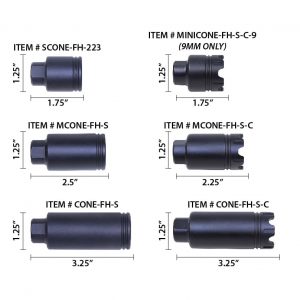 Assorted AR .308 flash hiders in various models and sizes on a white background.