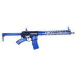 Stylish blue and black airsoft rifle with adjustable stock and tactical sights.