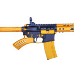 Bright yellow and blue toy assault rifle with realistic features.