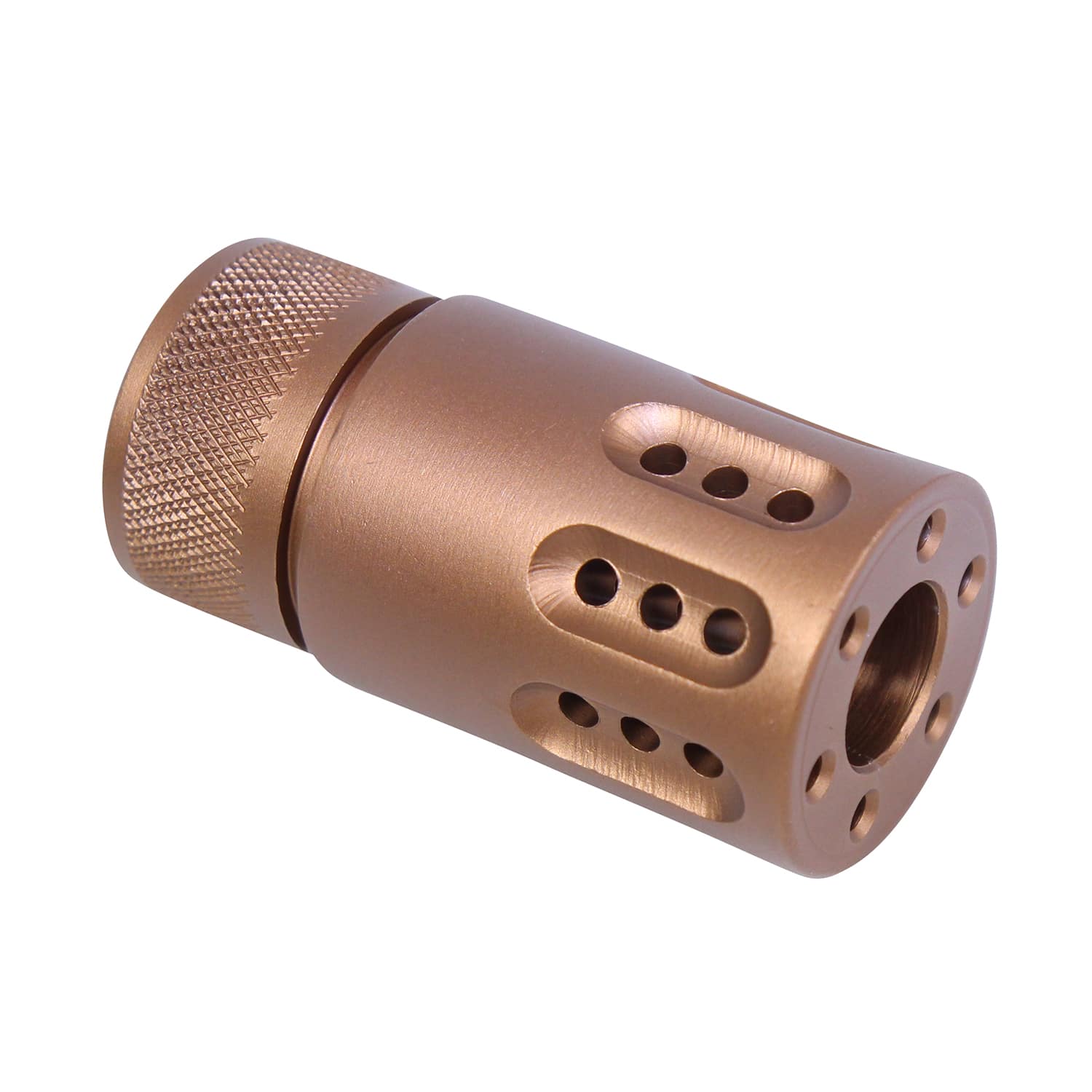 Compact AR-15 muzzle brake with barrel shroud in anodized bronze