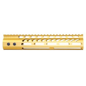 Gold 10-inch Guntec USA M-LOK handguard with monolithic top rail and sleek design.