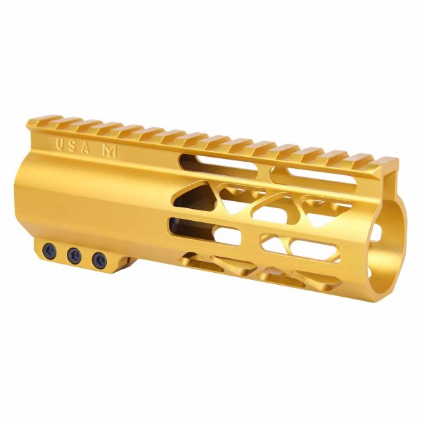 Gold anodized 6-inch Guntec USA handguard with M-LOK slots and Picatinny top rail.