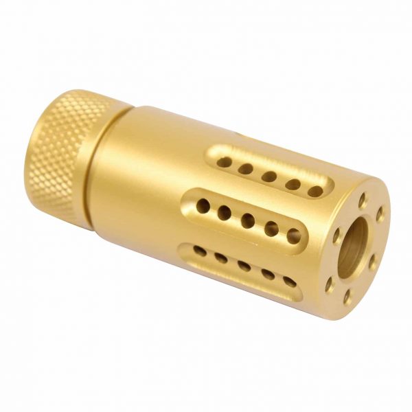 AR-15 9mm anodized gold micro muzzle brake with barrel shroud