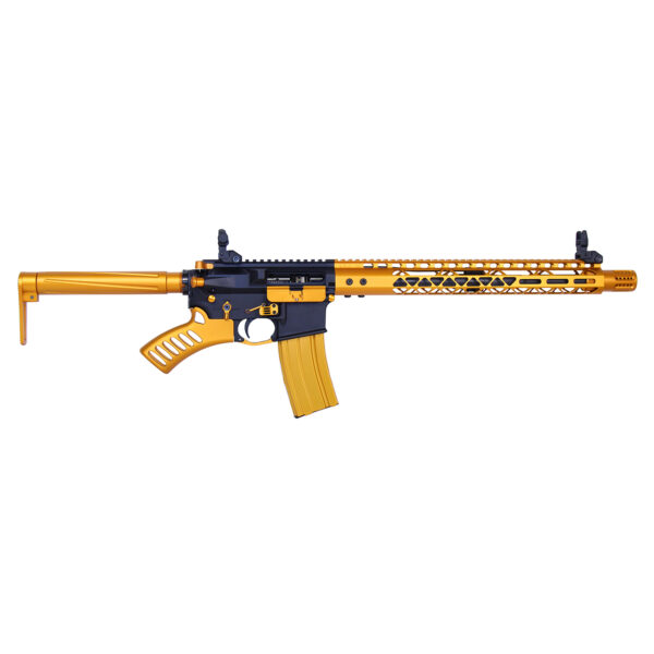 Stylish gold and black rifle with honeycomb pattern and adjustable features.