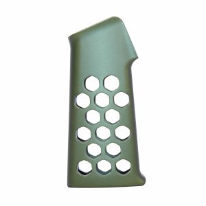 Guntec USA green anodized aluminum pistol grip with honeycomb cutouts.