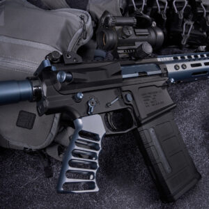 Modern tactical rifle with optical sight and accessory rails, designed for precision.