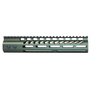 Green 10-inch Guntec USA M-LOK handguard with top rail, ultra-light and anodized.