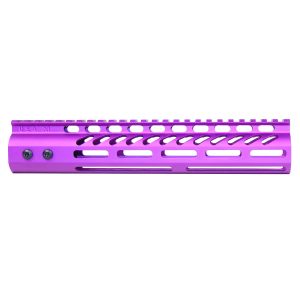 Anodized purple 10-inch Guntec M-LOK handguard with monolithic top rail.