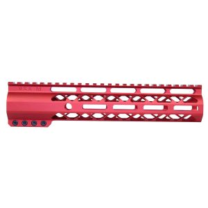 Red 10-inch Guntec USA handguard with M-LOK slots and monolithic top rail.