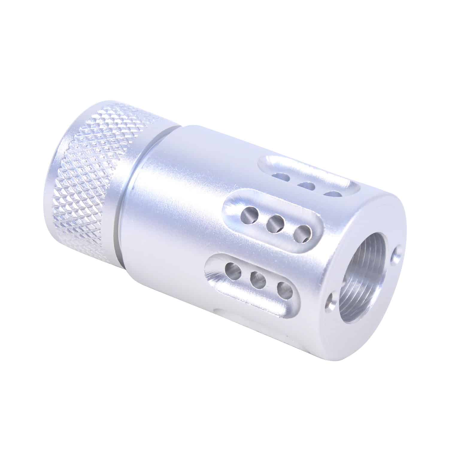 Silver .308 caliber mini muzzle brake and barrel shroud with clear anodize
