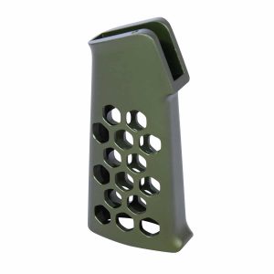 Guntec USA green anodized aluminum skeletonized pistol grip with hexagonal holes.