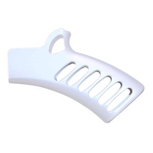 White plastic hair clip with comb-like prongs and circular handle detail.