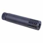 AR 9MM caliber slip-over barrel shroud with a multi-port muzzle brake in anodized black.