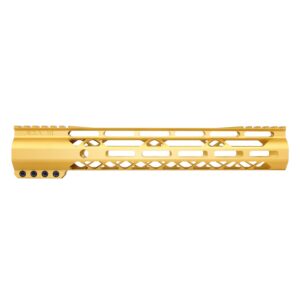 Gold 12-inch Guntec USA M-LOK handguard with monolithic top rail and sleek design.