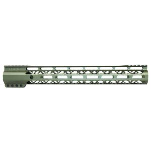 Guntec USA olive-green 15-inch M-LOK handguard with full-length top rail and lightweight design.