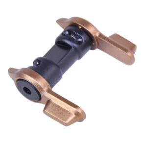 AR-15 ambidextrous bronze safety selector lever with black shaft.