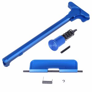 Anodized blue AR-15 rifle assembly kit with charging handle and dust cover.