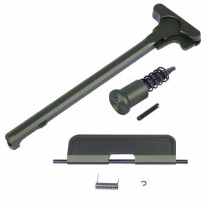 AR-15 upper receiver parts in olive green, including charging handle and forward assist.