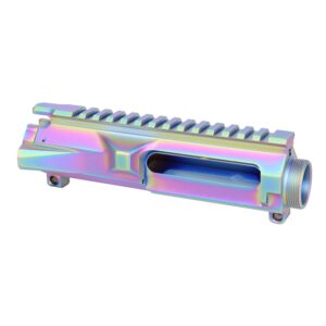 AR-15 Billet Upper Receiver with Iridescent Rainbow PVD Finish.