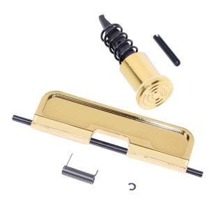 Gold-plated AR-15 upper completion kit with Gen 3 dust cover and mechanical components.