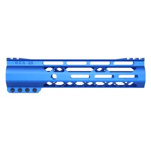 Blue 9-inch Guntec USA M-LOK handguard with top rail and cutouts for rifle customization.