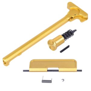 Gold AR-15 Upper Receiver Parts: Charging Handle, Forward Assist, Ejection Port Cover.