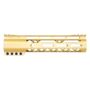 Guntec USA 9 gold M-LOK handguard with monolithic top rail and hexagonal cutouts.