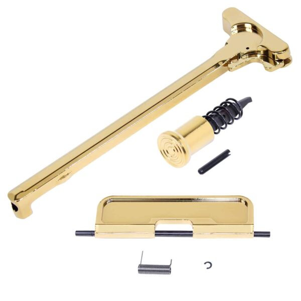 Gold-plated AR-15 Upper Receiver Assembly Kit components displayed.