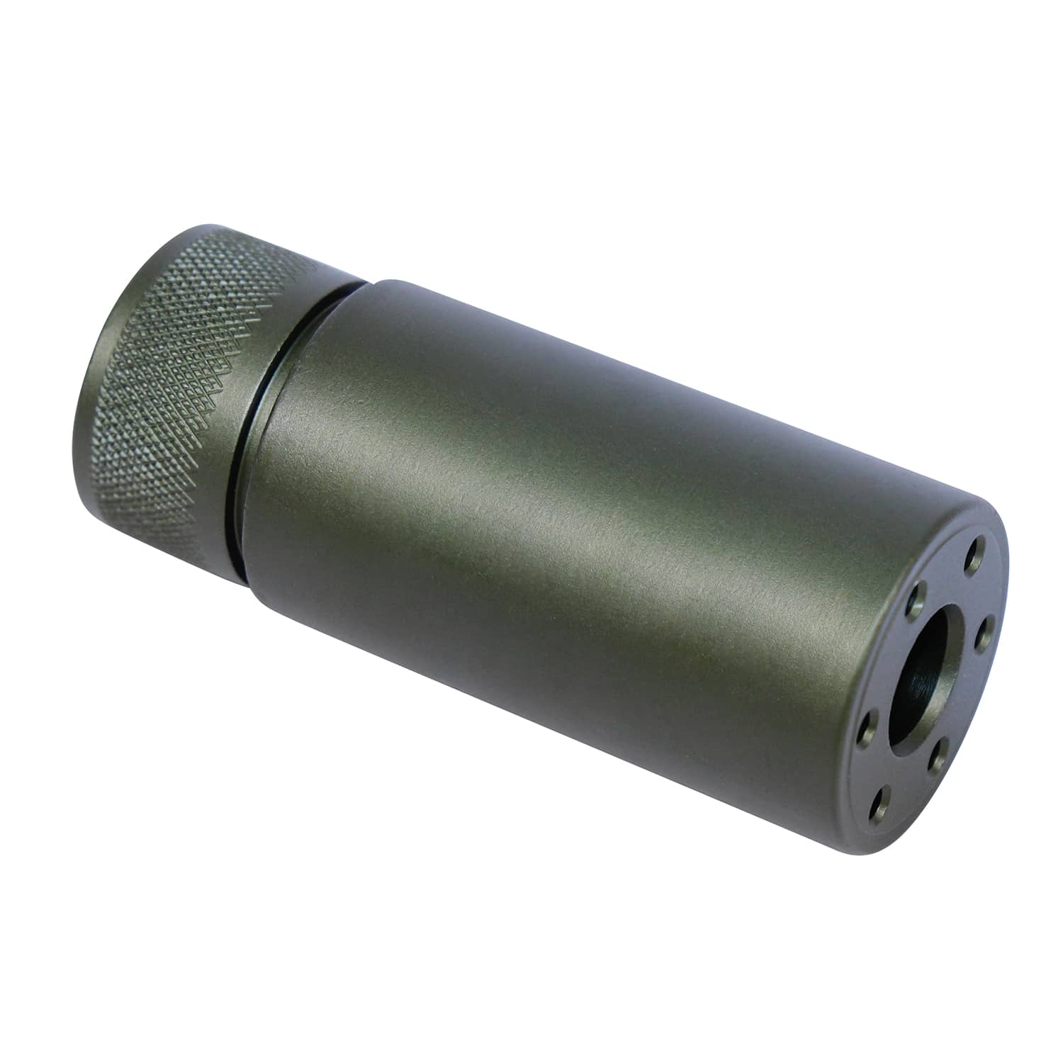 Short anodized green 3-inch AR-15 fake suppressor with textured cap