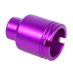 Purple AR-15 stubby flash can, anodized finish, sleek cylindrical design.