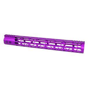 Guntec USA 15-inch purple AR-15 handguard with M-LOK and top rail.