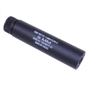 AR-15 5.5-inch fake suppressor, anodized black, laser engraved, for 9mm caliber.