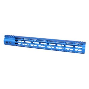 Blue 15-inch Guntec USA skeletonized M-LOK handguard with Picatinny rail.