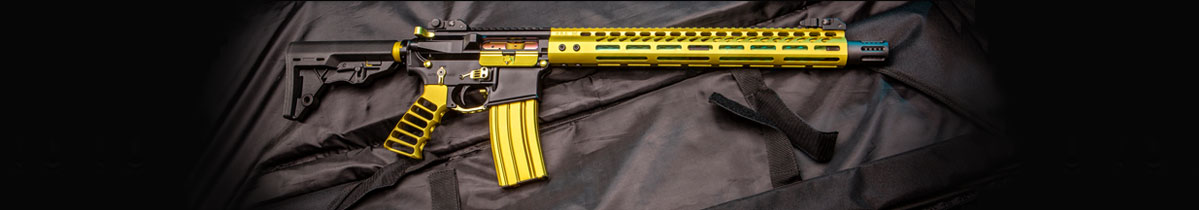 Customized yellow and black AR-15 rifle on dark tactical background.