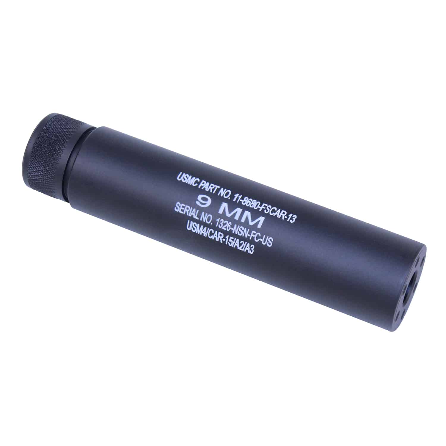 Black anodized 5.5-inch AR-15 mock suppressor for 9mm engraved