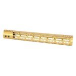 Gold 15-inch Guntec M-LOK handguard with monolithic top rail and skeletonized design.
