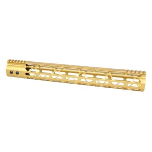 Gold 15-inch Guntec M-LOK handguard with monolithic top rail and skeletonized design.