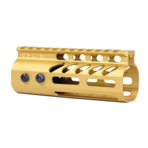 Gold anodized 5 Guntec USA M-LOK handguard with monolithic top rail.