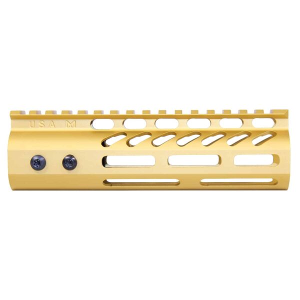 Guntec USA 6.75 Gold Anodized M-LOK Handguard with Monolithic Top Rail.