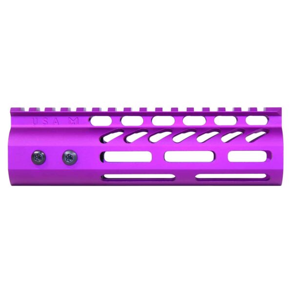 Purple 6.75 Guntec USA M-LOK AR-15 handguard with top rail and ventilation slots.