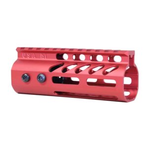 Red 5-inch Guntec M-LOK handguard with top rail for rifle customization.