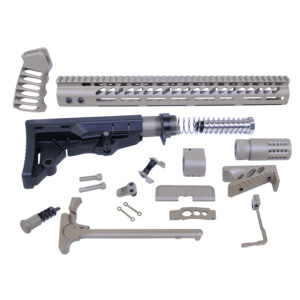 Assorted AR-15 gun parts and accessories on plain background.