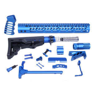 Blue rifle assembly kit components on white background.