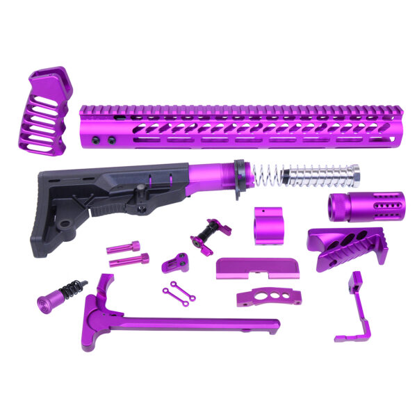 Purple AR-style rifle parts, custom anodized firearm components.