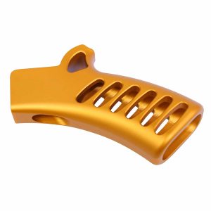 Guntec USA ultralight skeletonized aluminum grip in anodized orange, NY/CA compliant.