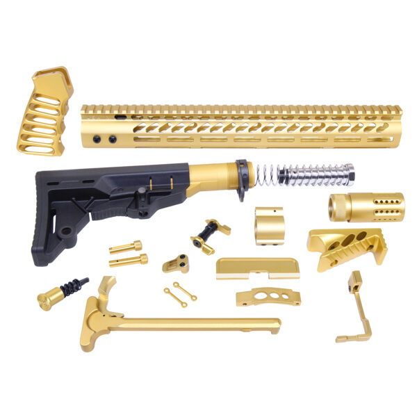 Gold rifle assembly components displayed on a white background.